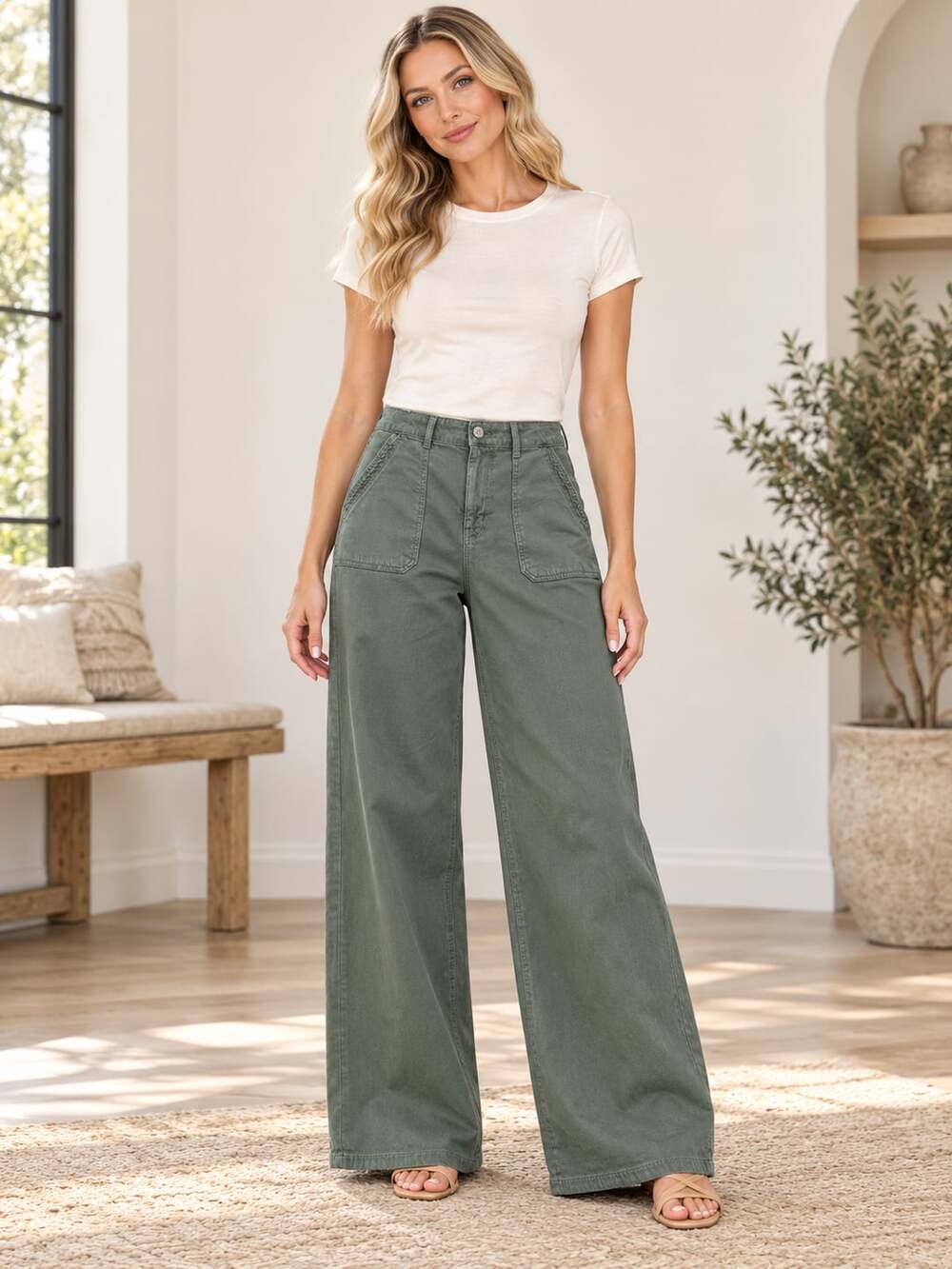 American Eagle Super High-Rise Baggy Wide Leg Olive Pants Women’s 8 Regular